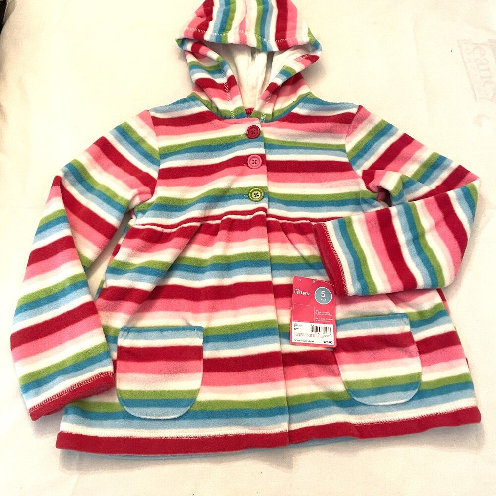 Girls Carters size 5 Red Stripped Polor Fleece long sleeve Light weight Bottons